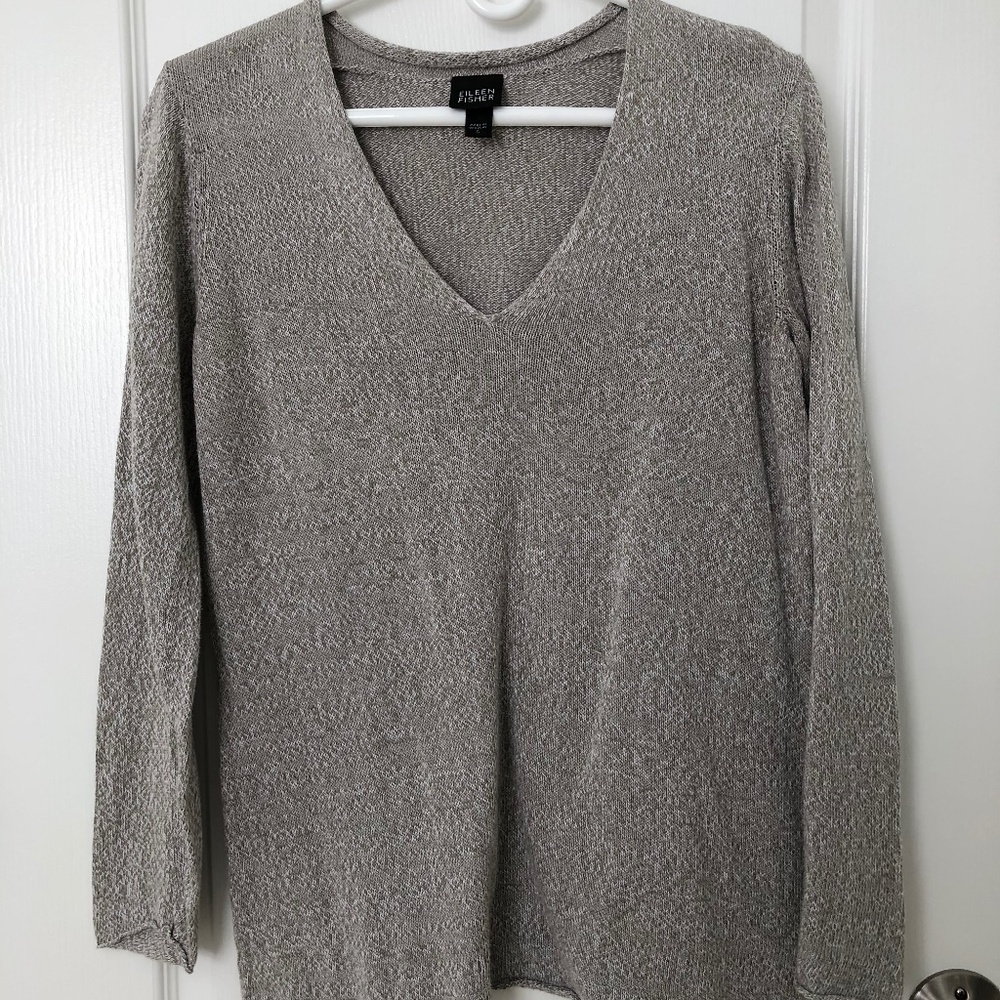 Eileen Fisher 100% Cotton V-Neck Summer Sweater Beige Ivory Size S Lightweight